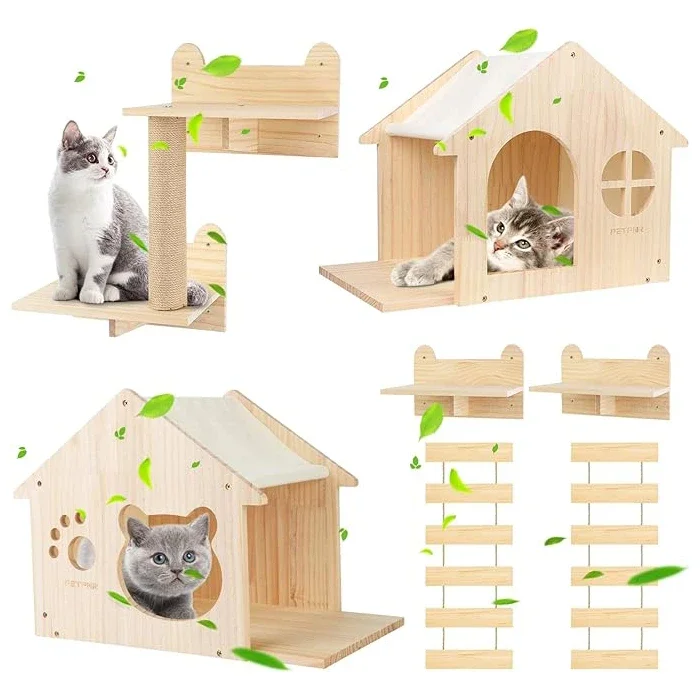 

9-Piece Cat Wall Furniture Set Indoor Playground Climbing Perches Scratching Posts Suspension Bridge House-Premium Pet Products