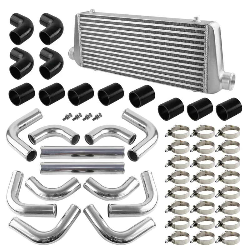 550x230x65mm Intercooler Universal Bar & Plate Front Mount Turbo +12PCS 2.25'' Aluminum Piping Hose Clamps Kit Silver