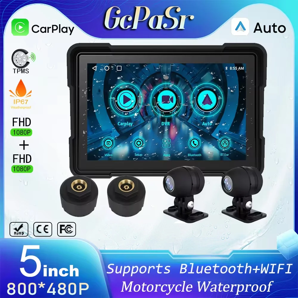 GCPaSr 5 Inch Motorcycle Portable Universal Carplay IPX7 Waterproof Display Dual Bluetooth 1080P WiFi Wireless Android Car DVR