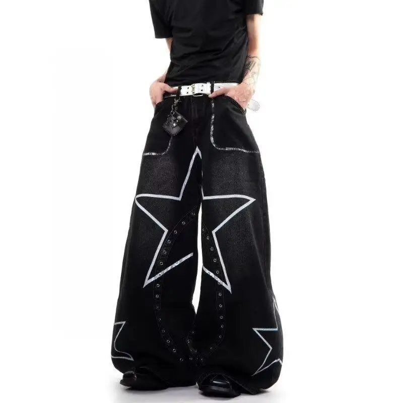 Men's Star Patterned Punk Style Black Jeans Street Wide Legs Pants Cool Boy Sweatpants Male Vintage High Waist Trousers