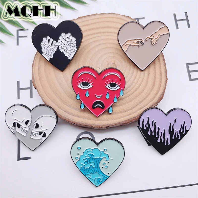 Cartoon Sweet Love Enamel Pins Heart Shaped Waves Tears Skull Couple Hand in Hand Alloy Brooch Badge Personalized Jewelry Gift