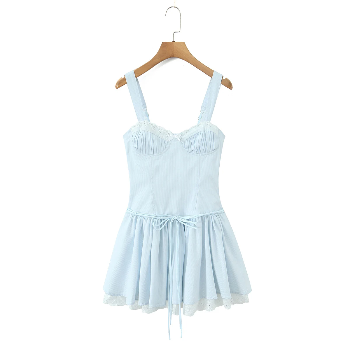 Princesa luz azul emendado renda branca ruched peito estilingue vestido feminino amarrando faixas 2 camadas plissado bolo vestidos