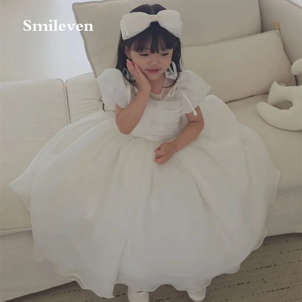 Smileven Ivory Organza Puff Short Sleeve Flower Girl Dresses Round Neck Kids Communion Dress Birthday Party Gowns Customized