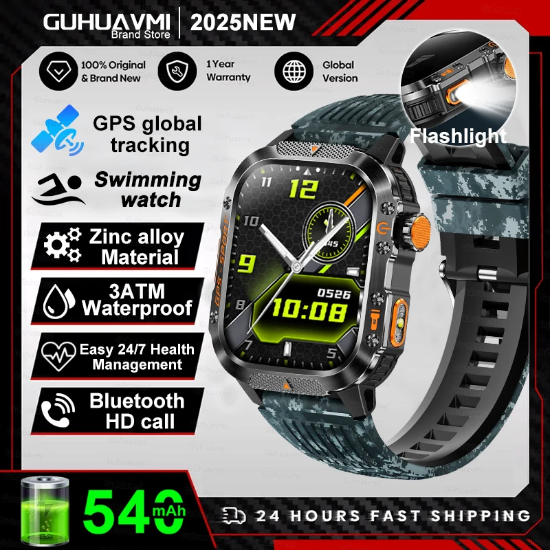 2026 Nieuwe Militaire Smartwatches Mannen 10ATM Waterdicht Zwemmen GPS Bluetooth Oproep 2.01 "AMOLED HD Sport Zaklamp Smart Horloge Mannen