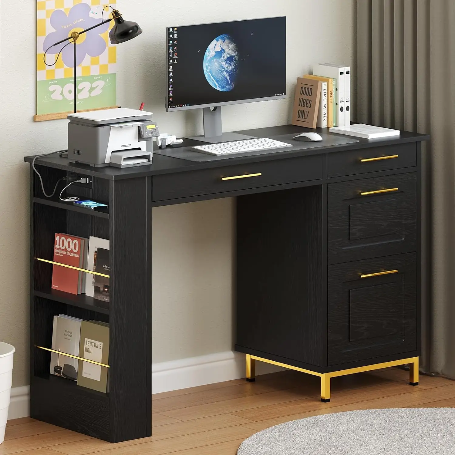 Small Desk with 4 Drawers & Power Outlet, 48 Inch Computer Desk with Side Shelves for Home Office, Customized