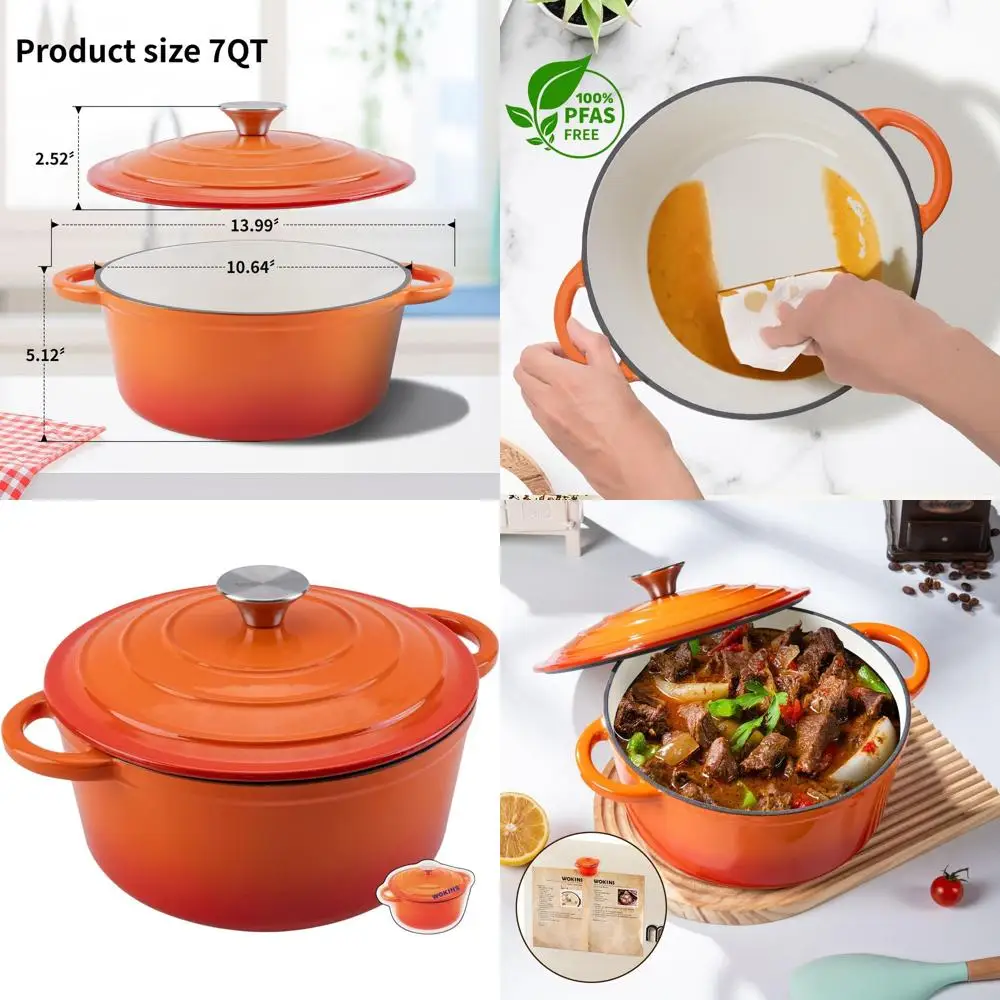 

7-литровая оранжевая эмалированная чугунная жаровня с крышкой для выпечки, тушения, приготовления рагу, запекания и использования в духовке до 500°C ° Ф