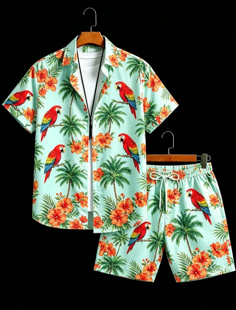 

Men's tropical bird print two-piece set, short sleeved shirt and shorts, suitable for beach vacations and daily wear