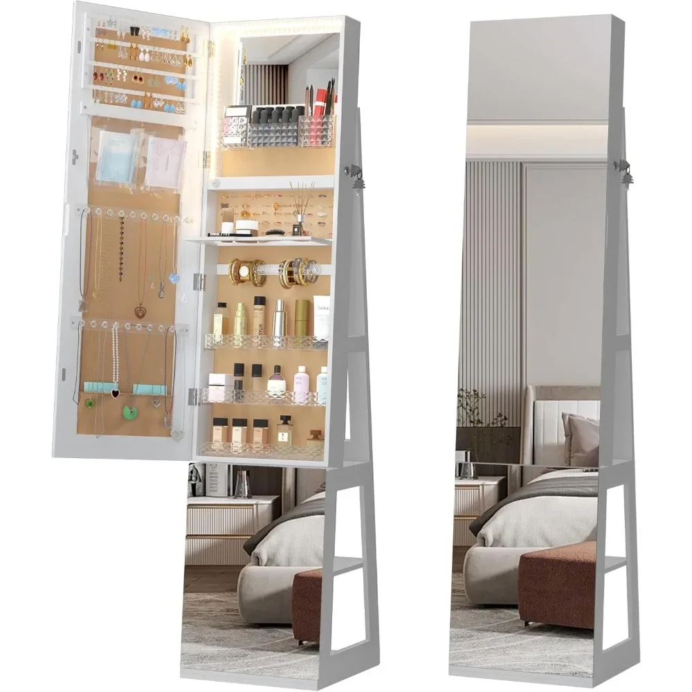 

360° Swivel Jewelry Cabinet with Lights,63" Large Capacity Jewelry Armoire with Full Length Mirror,Standing with Storage,White