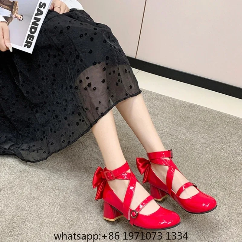 Anime Puella Magi Madoka Magica Kaname Madoka Cosplay Shoes Girls Lolita Red Bow High Heels Leather Boots Halloween Costume Prop view 5