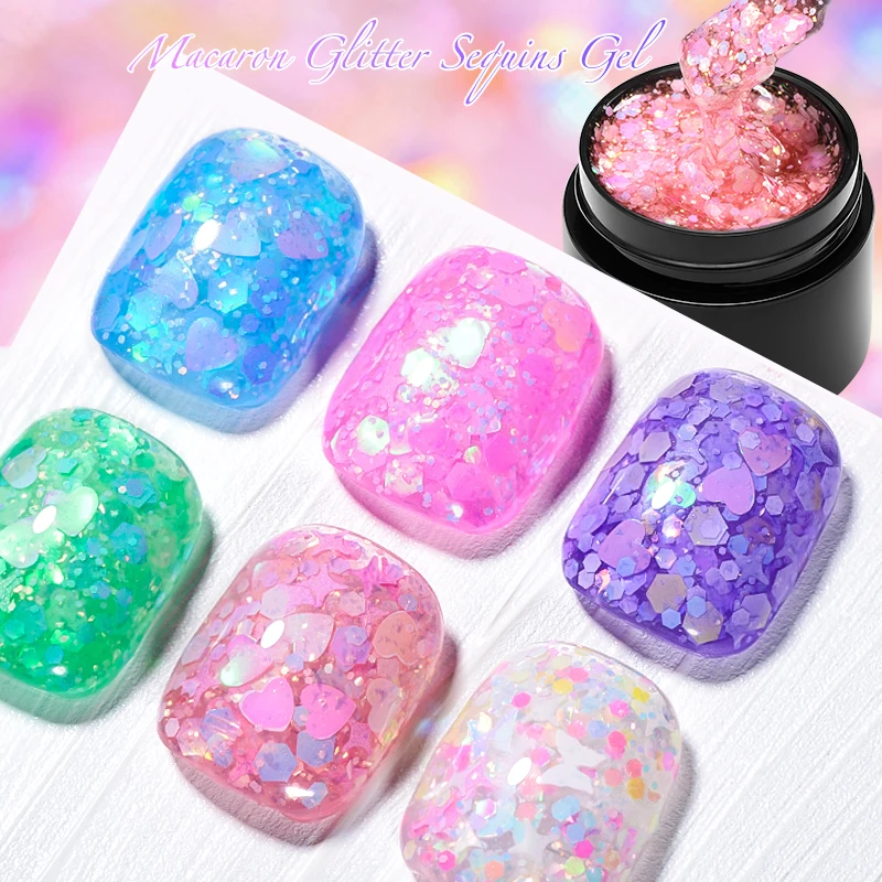 Macaron Glitter Sequins Nail Gel Polish Pink Purple Star Heart Shaped Sequins Gel Polish Semi Permanent Nail Art Gel Varnishes