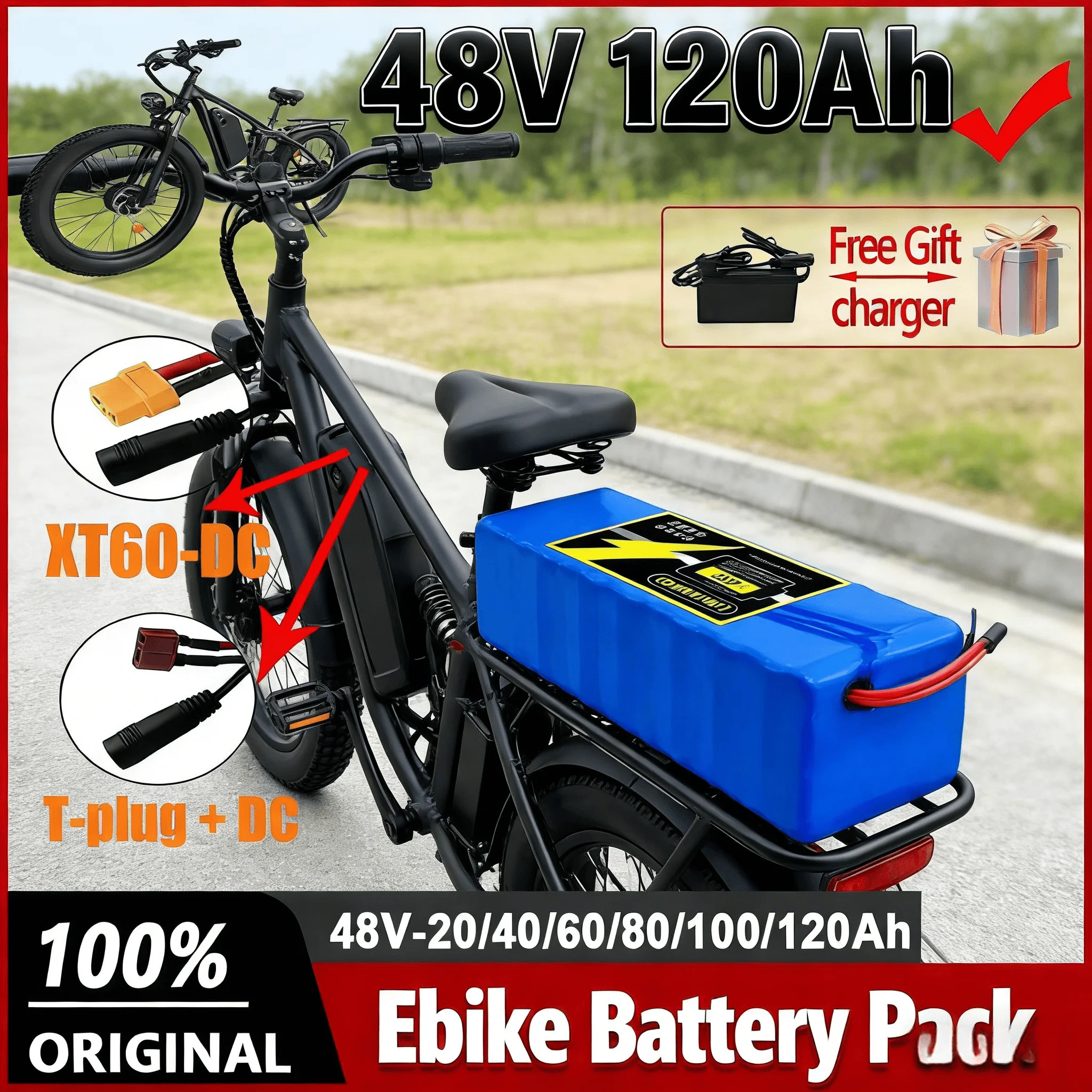 

48V 100Ah 120Ah Waterproof Li-ion Battery Pack for 250W-1000W E-bike Scooter Motorcycle Bicycle with 2A Charger