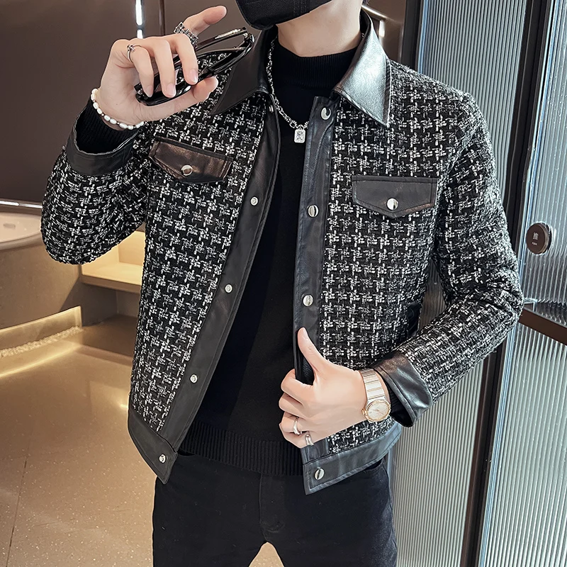 2023 Autumn Winter PU Patchwork Woolen Jacket for Men Casual Business Trench Coat Social Streetwear Overcoat Men Clothing