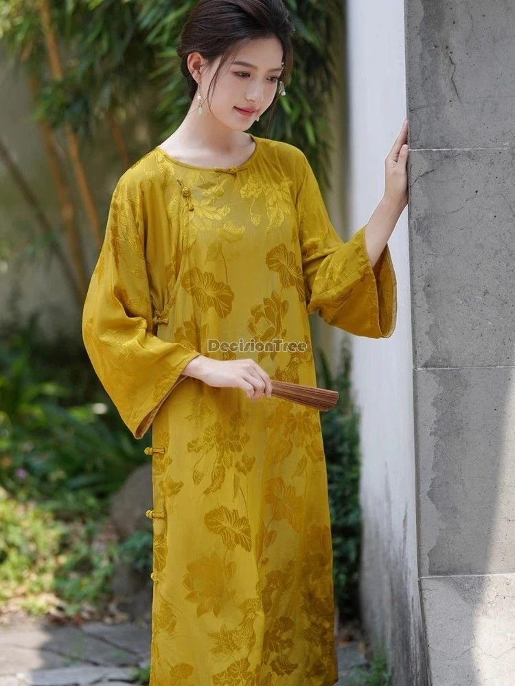 

2024 retro elegant printing qipao traditional round neck long sleeve loose dress chinese ethnic style literature art tea garment