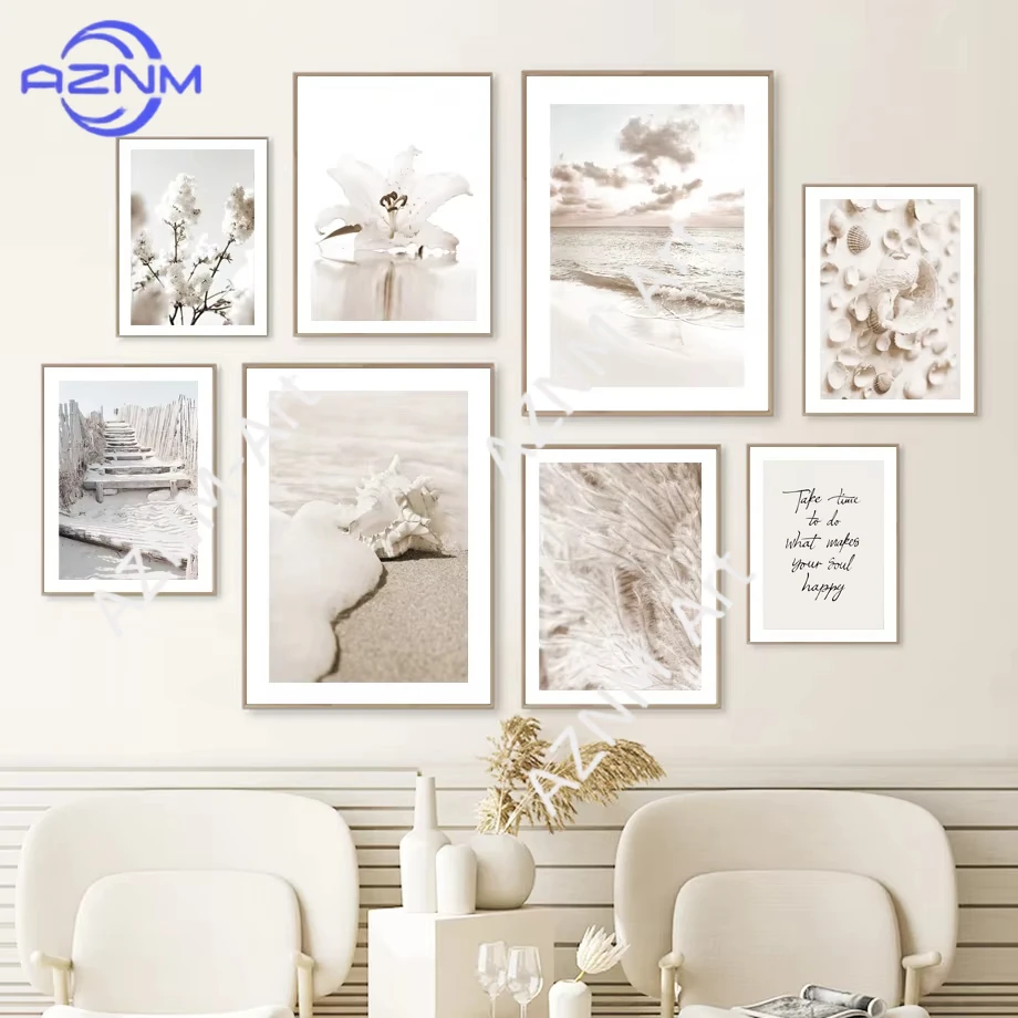 1 Stück Beige Strand Muschel Blumen Gras Wandkunst Leinwand Nordische Poster Ästhetische Drucke Wandkunst für Wohnzimmer Dekoration