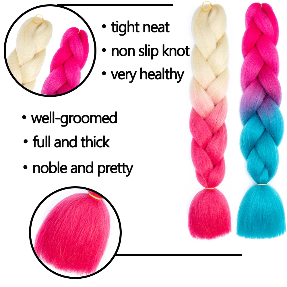 Jumbo Braid-Extensión de cabello sintético para mujer, 24 pulgadas, color rosa, Morado, amarillo y gris