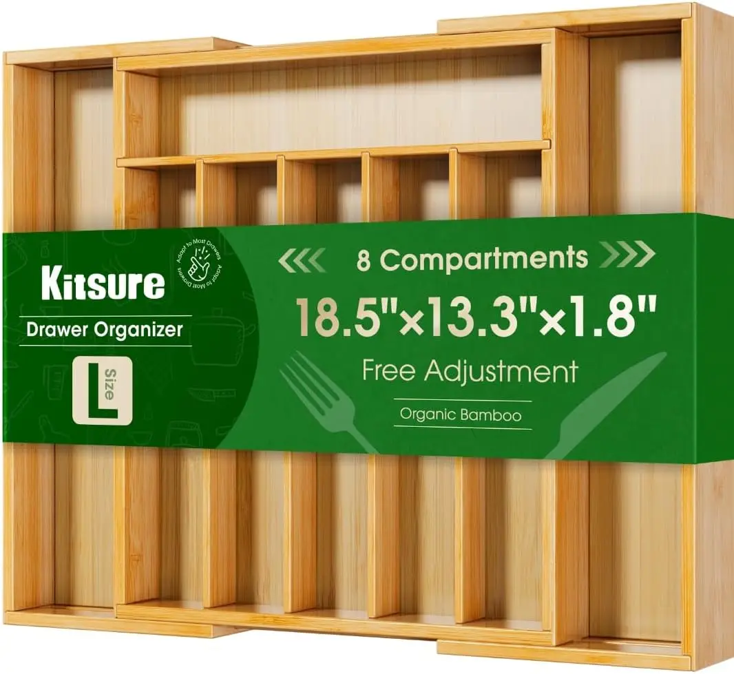 Expandable Bamboo Kitchen Drawer Organizer for Utensils and Cutlery, Sturdy Storage Solution, Large Natural