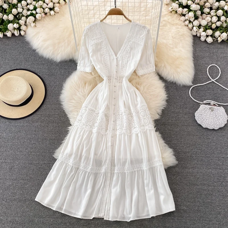 Red V-Neck Summer Dress Desert Daisy Retro First Love Fairy Tale Skirt Short Sleeve High Waist A-Line Korean Style Commute Dress