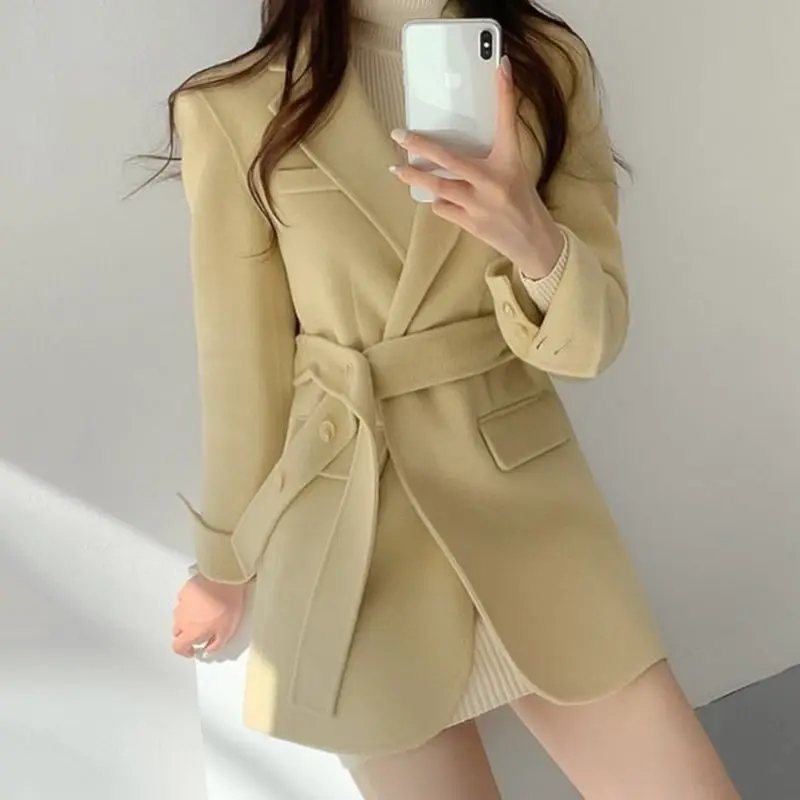 

UNXX Women Blazers Autumn Woolen Suit Coat Beige Tie Up Jacket Slim Fit Stylish Top Outerwear Office Lady Blazer Women Clothing