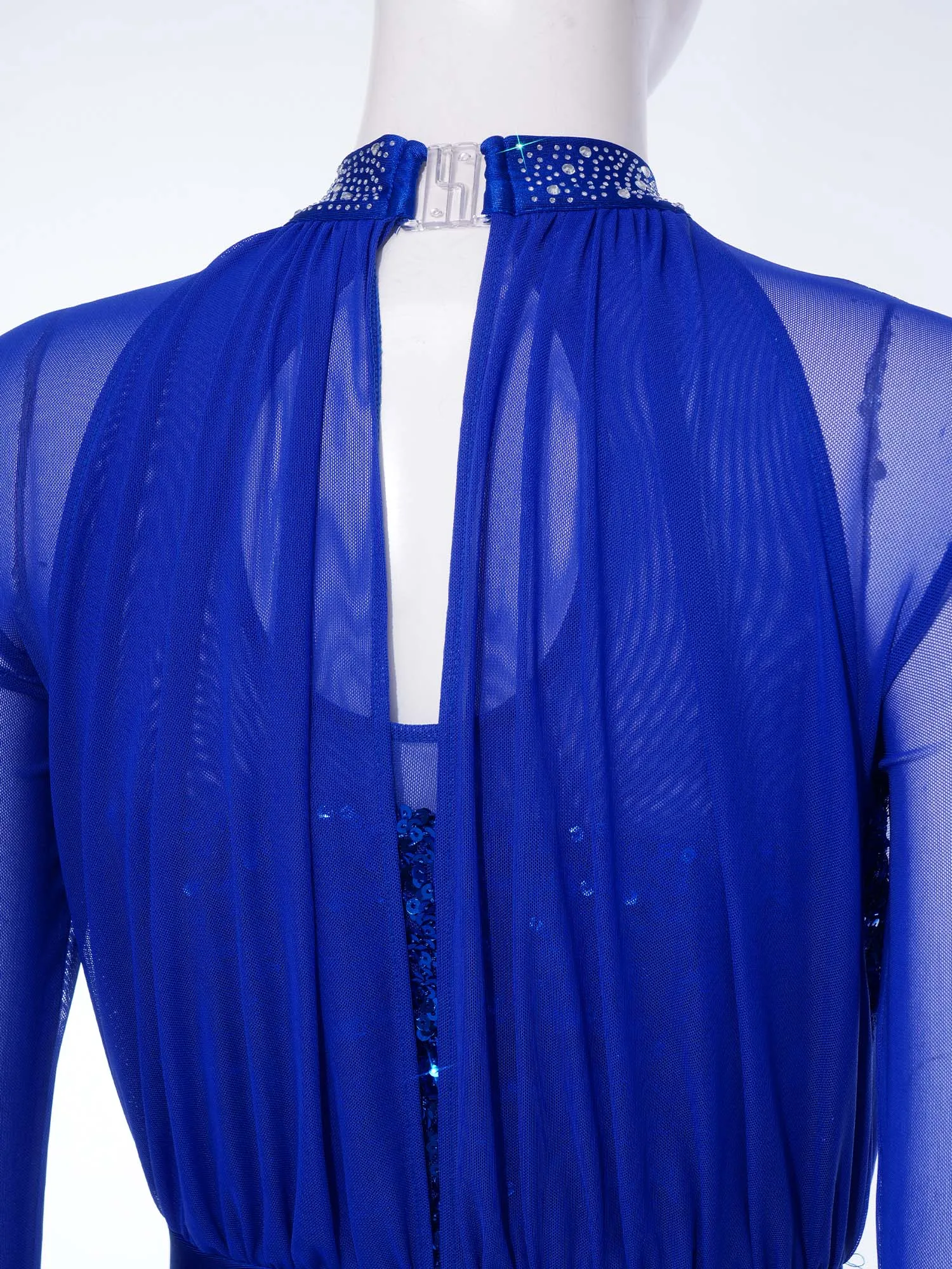 

Women Figure Skating Ballet Gymnastics Leotards Long Sleeve Mesh Overlay Buttoned Crotch Sequin Bodice Bodysuit Dancewear