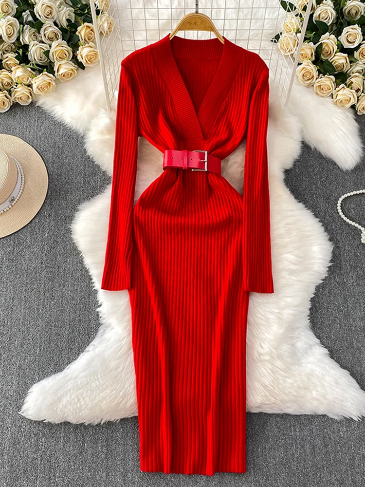 Herfst Winter Vrouwen Elegante Cross V-hals Lange Mouwen Jurk Nieuwe Rode Taille Cinched Bottom Gebreide Lange Jurk S165