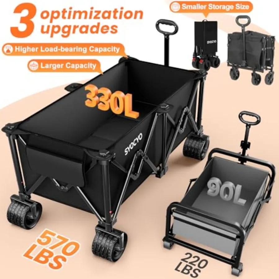 Beach Wagon Carts Foldable 570LBS Collapsible Wagon with Big All-Terrain Wheels for Sand 330L Heavy Duty Utility Carts with Cup