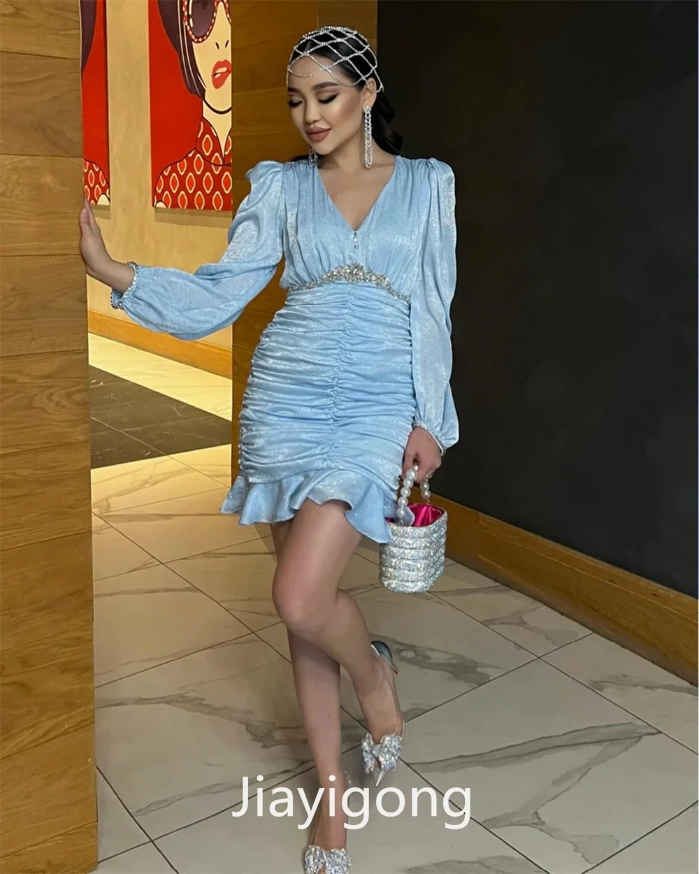 Jiayigong High Quality V-neck A-line Cocktail Dresses Party Paillette Satin Mini Custom Dress