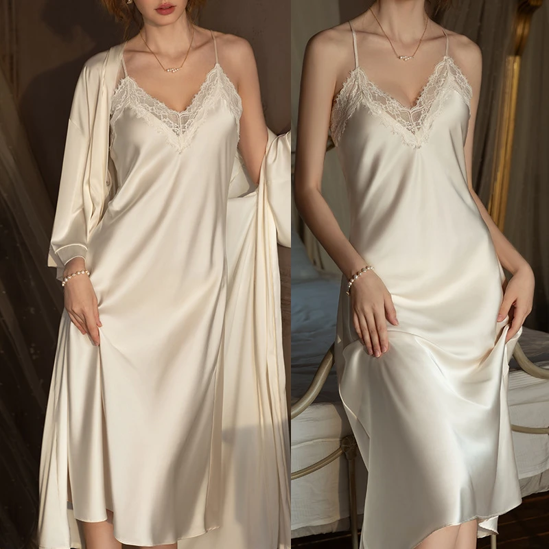 

Комплект из 2 предметов: Длинный халат и ночная сорочка больших размеров, элегантный кимоно-халат, пижама, летняя сексуальная женская домашняя одежда для сна и отдыха