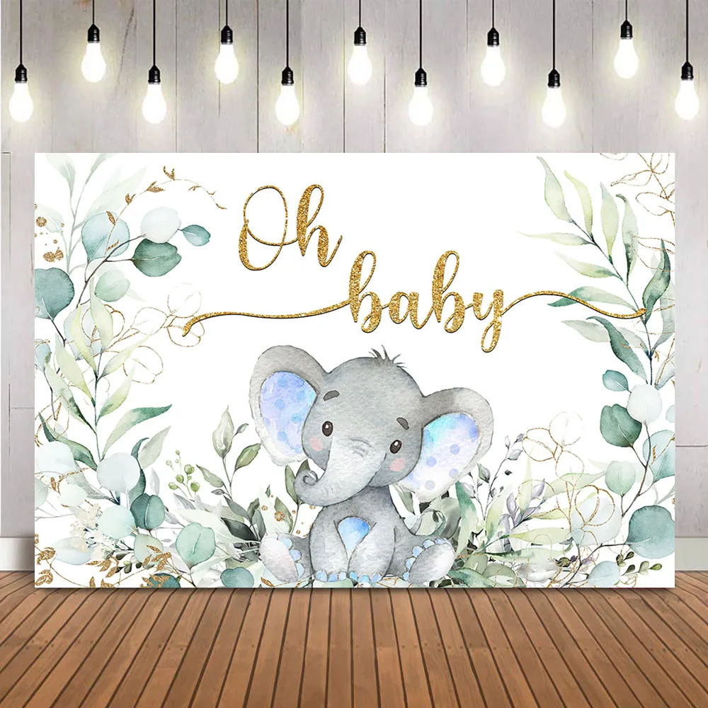 

Oh Baby Backdrop Elephant baby Shower Photo Background Green Leaves Gender Reveal Theme Party Decorations Customize Photocall