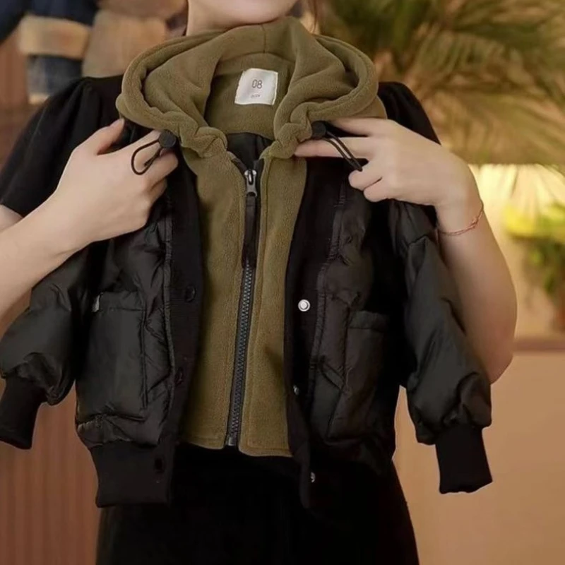 2026 New Boys Hooded Puffer Jacket Winter Warm Thickened Cotton Coat Kids Outerwear Fashion Streetwear Casual Parka