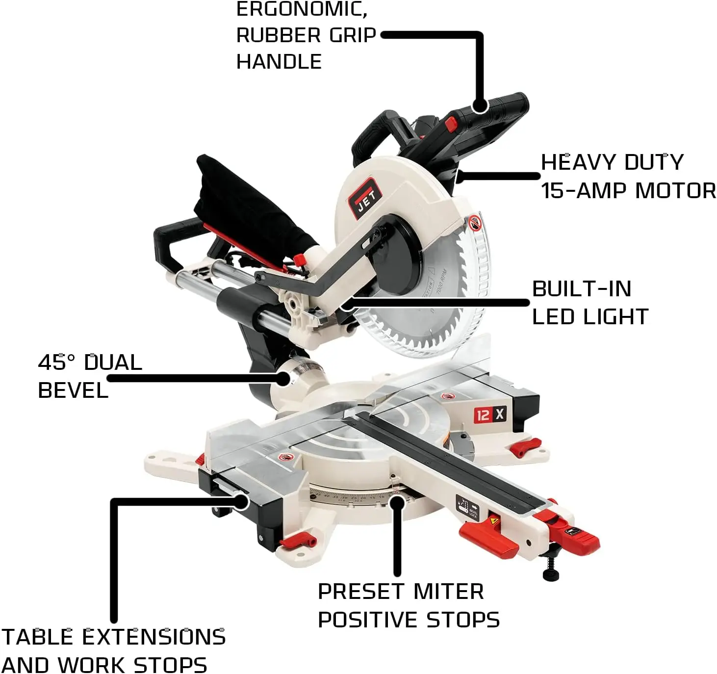 JET Deslizante Dual-Bevel Composto Miter Saw, Modelo JMS-12X, 1PM, 115V, 12"