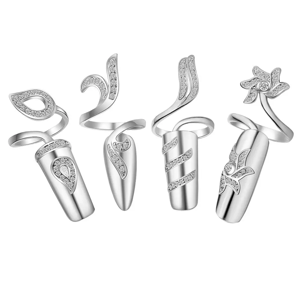 

4 Pcs Rhinestone Nail Rings Elegant Alloy Decorative Tips For Wedding Party Gifts Lightweight Ladies Fingernail Jewelry Nail