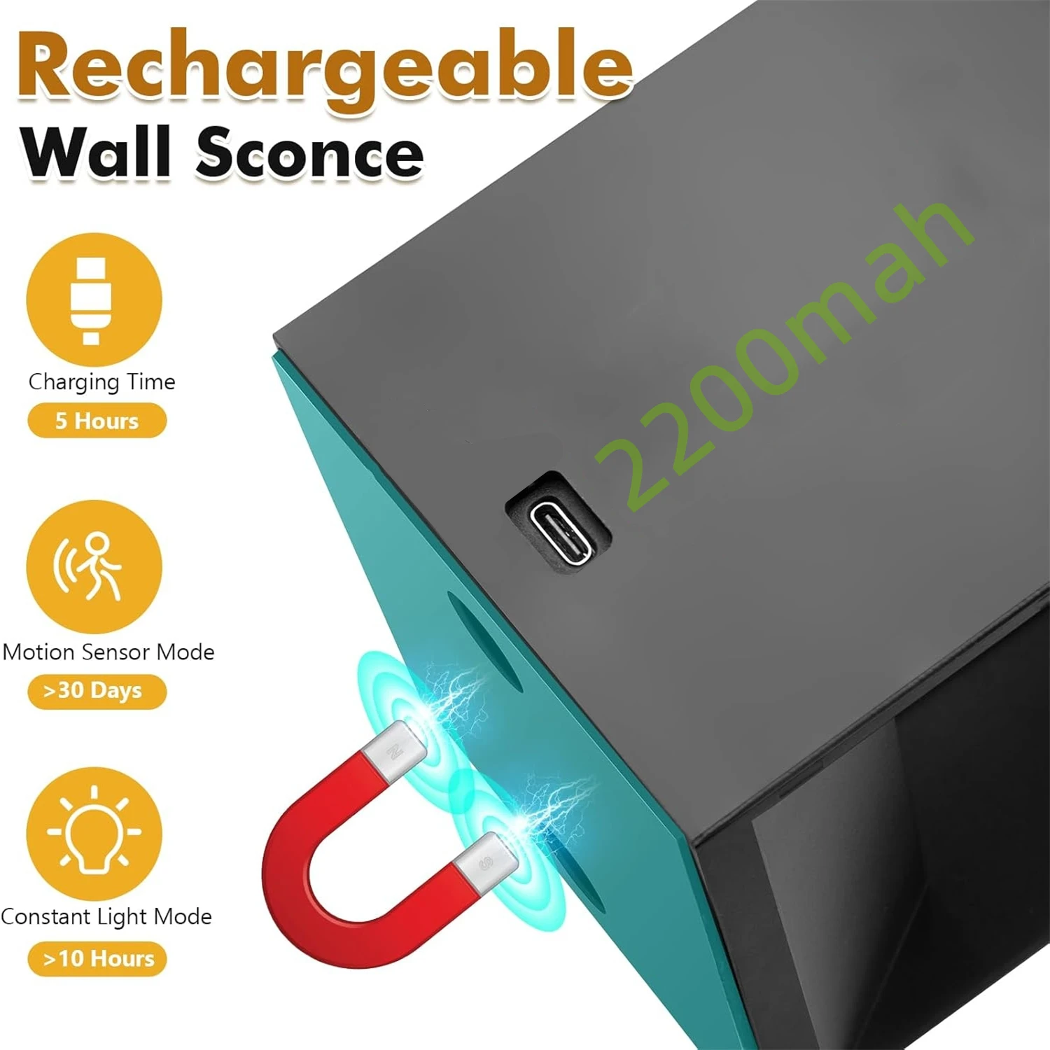 Wiring-Free Rechargeable Wall Lamp 1-Piece Set, Sports Sensor Wall Lamp Indoor, Battery Powered Led Wall Lamp, Cordless Magnetic Installation Black Wireless Wall Lamp for Bedroom, Stairs, Corridor 3000K Warm White