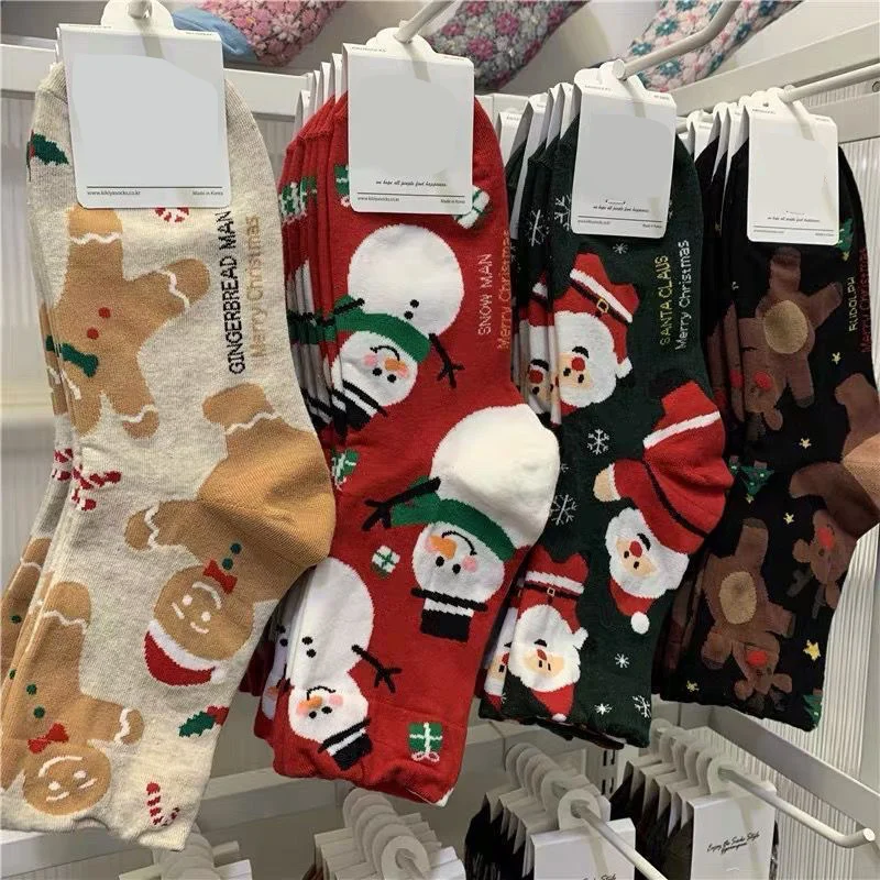 4/8Pair Women Men Christmas Printed Socks Cartoon Snowman Gingerbread Man Reindeer Santa Claus Suitable All Seasons Casual Socks