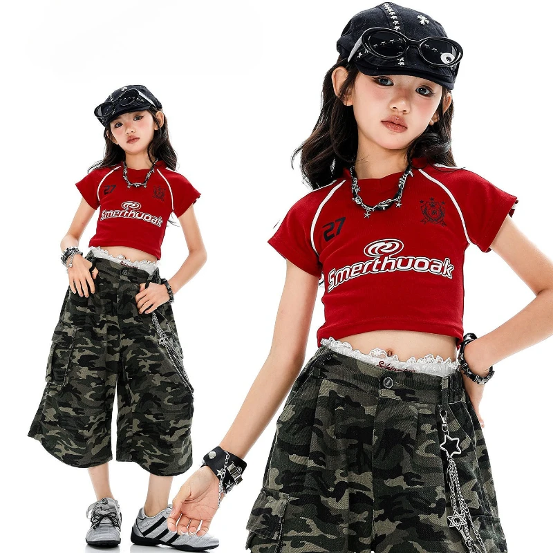 

Girls Jazz Dance Clothes Sets Kpop Performance Costume Summer Short Sleeve Red Navel Tops Camouflage Hip Hop Shorts Stage Suit