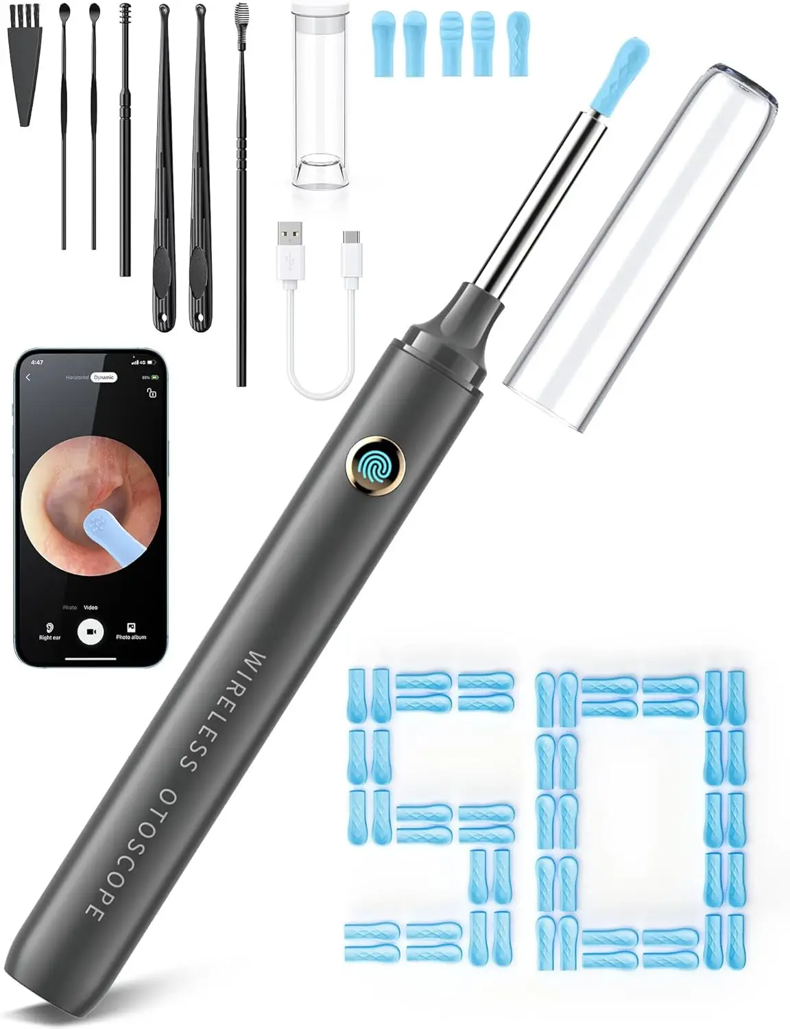 

Ear Wax Removal Tool with 1080P HD Camera, Otoscope Light, Kit Includes 50 Tips for iPhone iPad Android Phones (Gray)