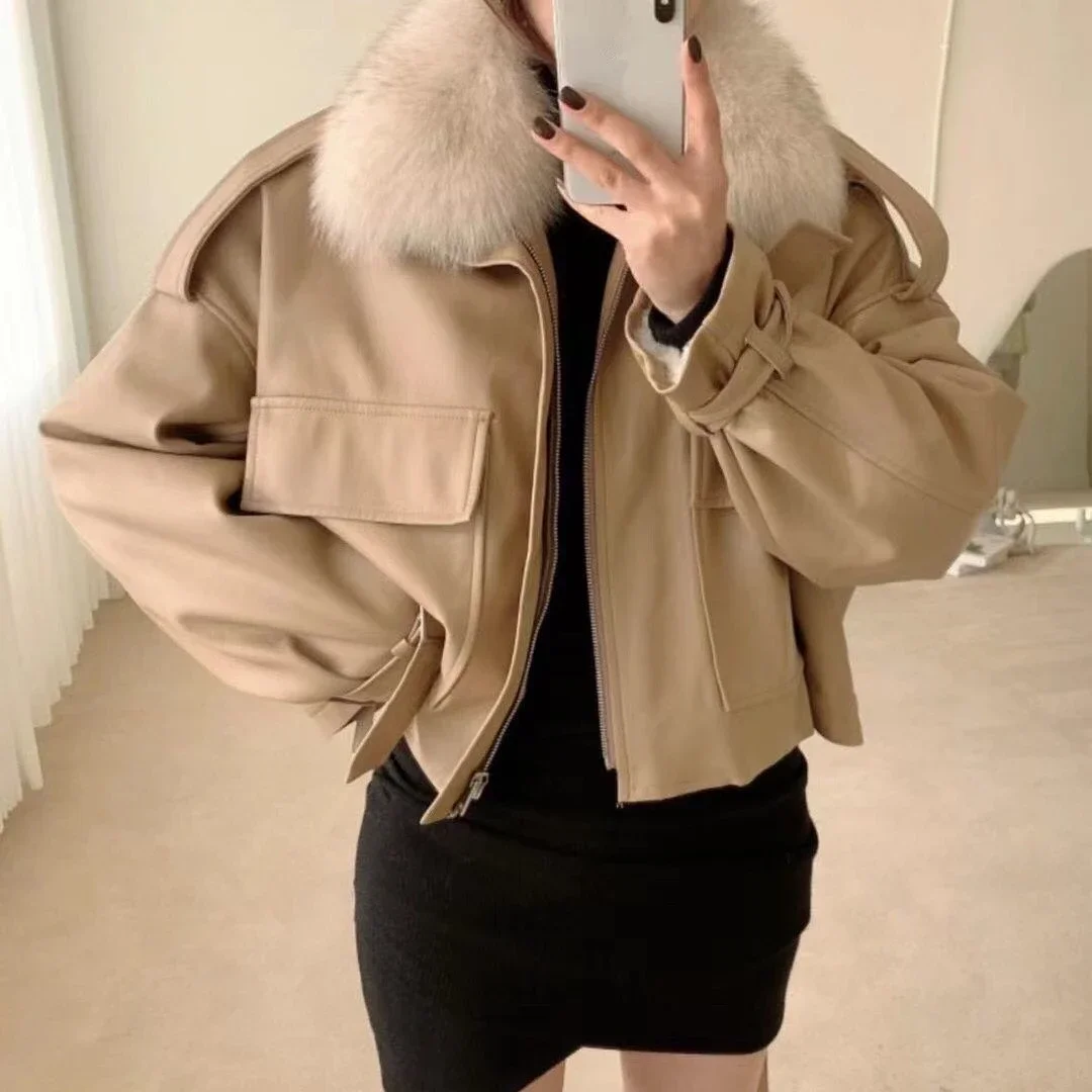 Women's Winter PU Leather Jacket, Female Faux Fur Collar Fleece Coats A541