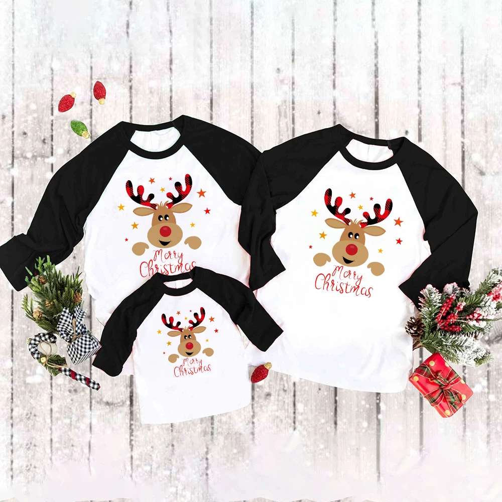 

Merry Christmas Deer Print Family Matching Outfits Adult Kids Long Sleeve Raglan Shirt Family Clothing Xmas Party Outfits Gifts