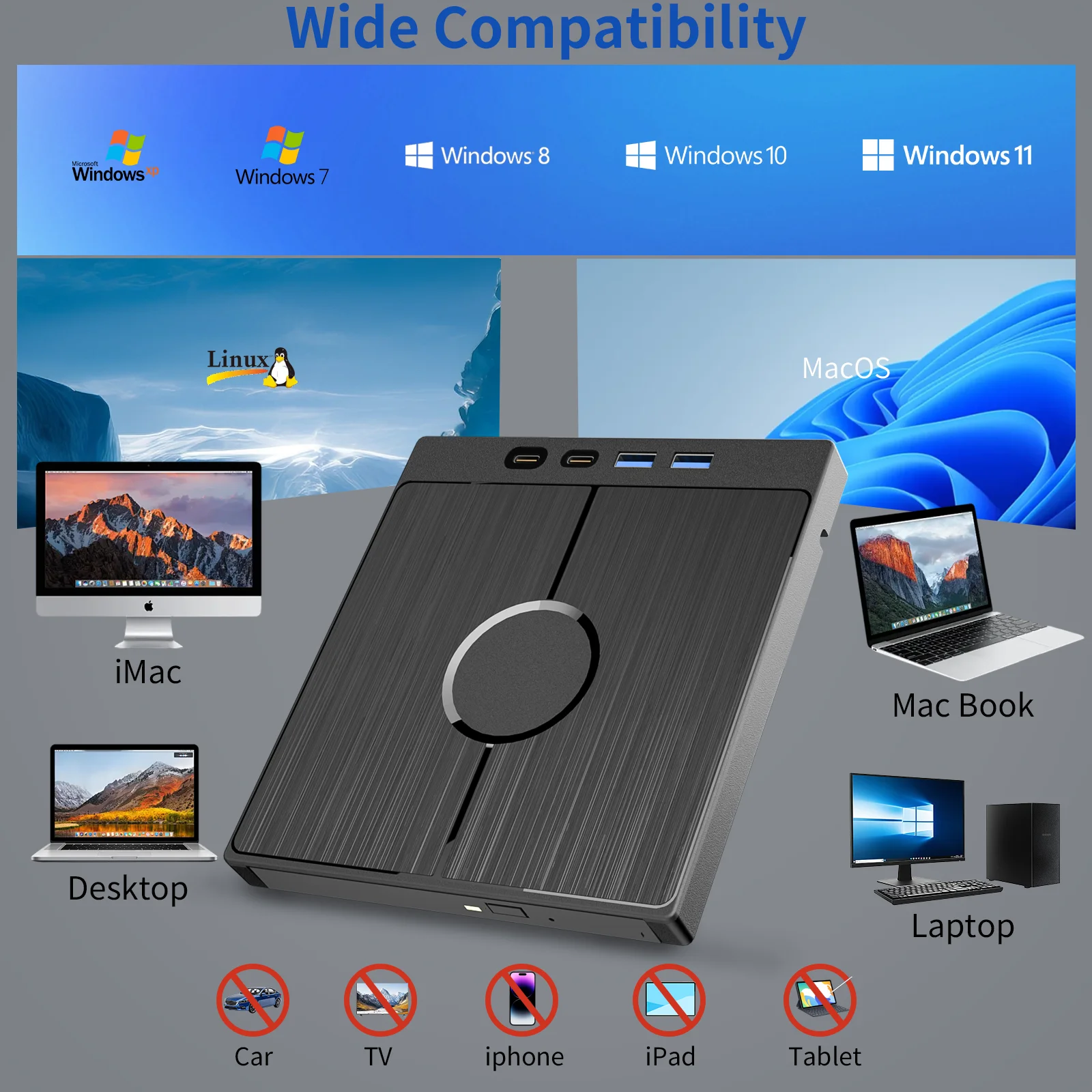 Zewnętrzny napęd Blu Ray 7 w 1 Przenośny odtwarzacz Bluray Nagrywarka CD DVD Obsługa nagrywania 100G Disc R/W dla Windows Linux MacOS Laptop