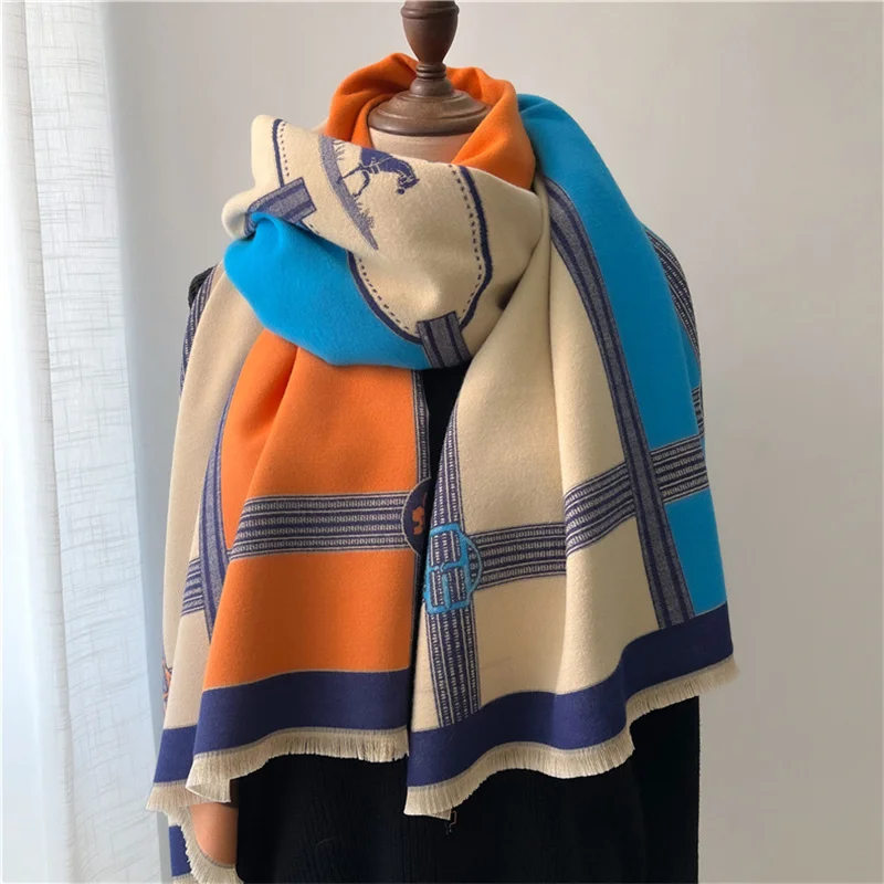 Fashion New Luxury Horse Women Winter Cashmere Scarf Thick Warm Shawl Wraps Pashmina Striped Print Soft Lady Neckerchief