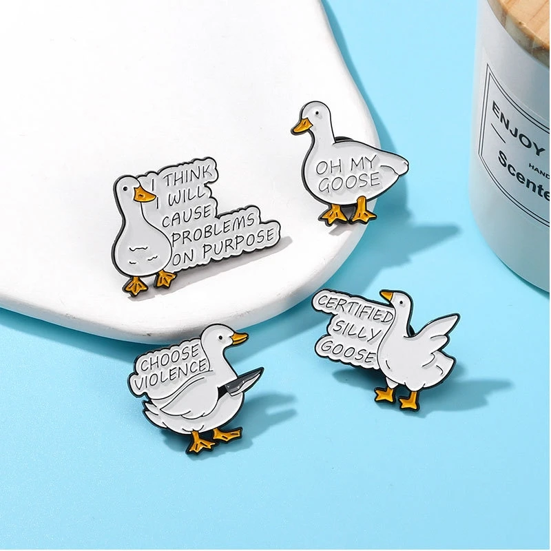 Cartoon Cute White Duck Goose Enamel Brooch OH My Goose Choose Violence Animal Badge Lapel Pin Hat Backpack Pin Jewelry