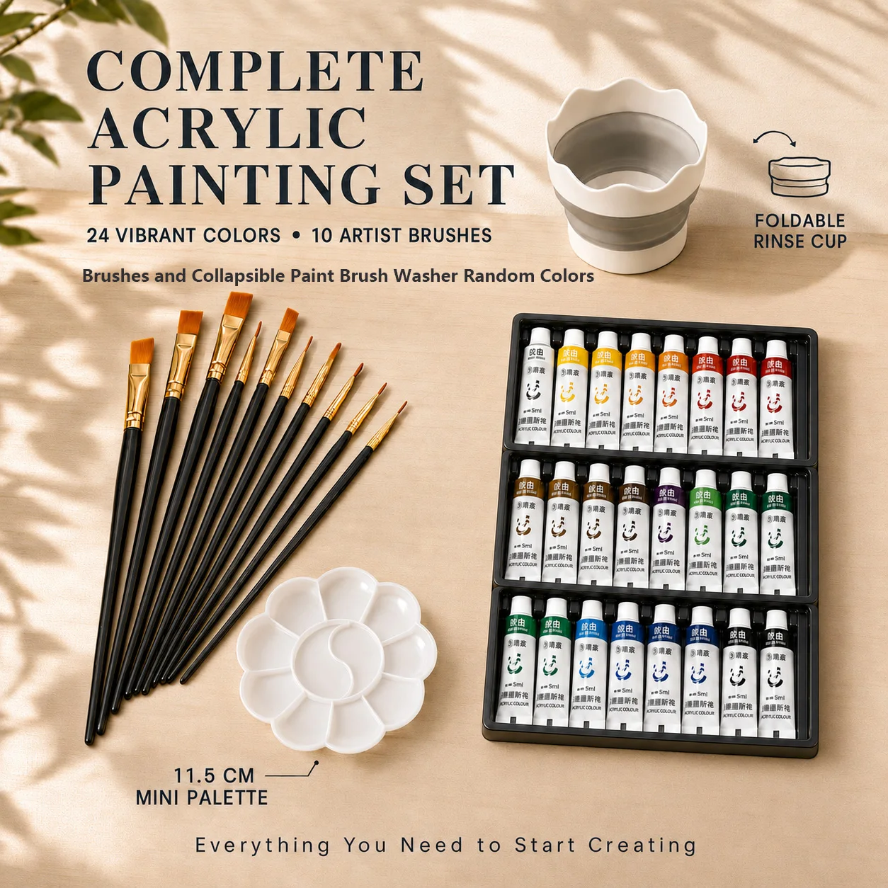 12/18/24 Colors Acrylic Paint Set With 10 Paint Brushes Mini Palette & Foldable Washing Cup Art Paints for Rock Canvas Wood DIY