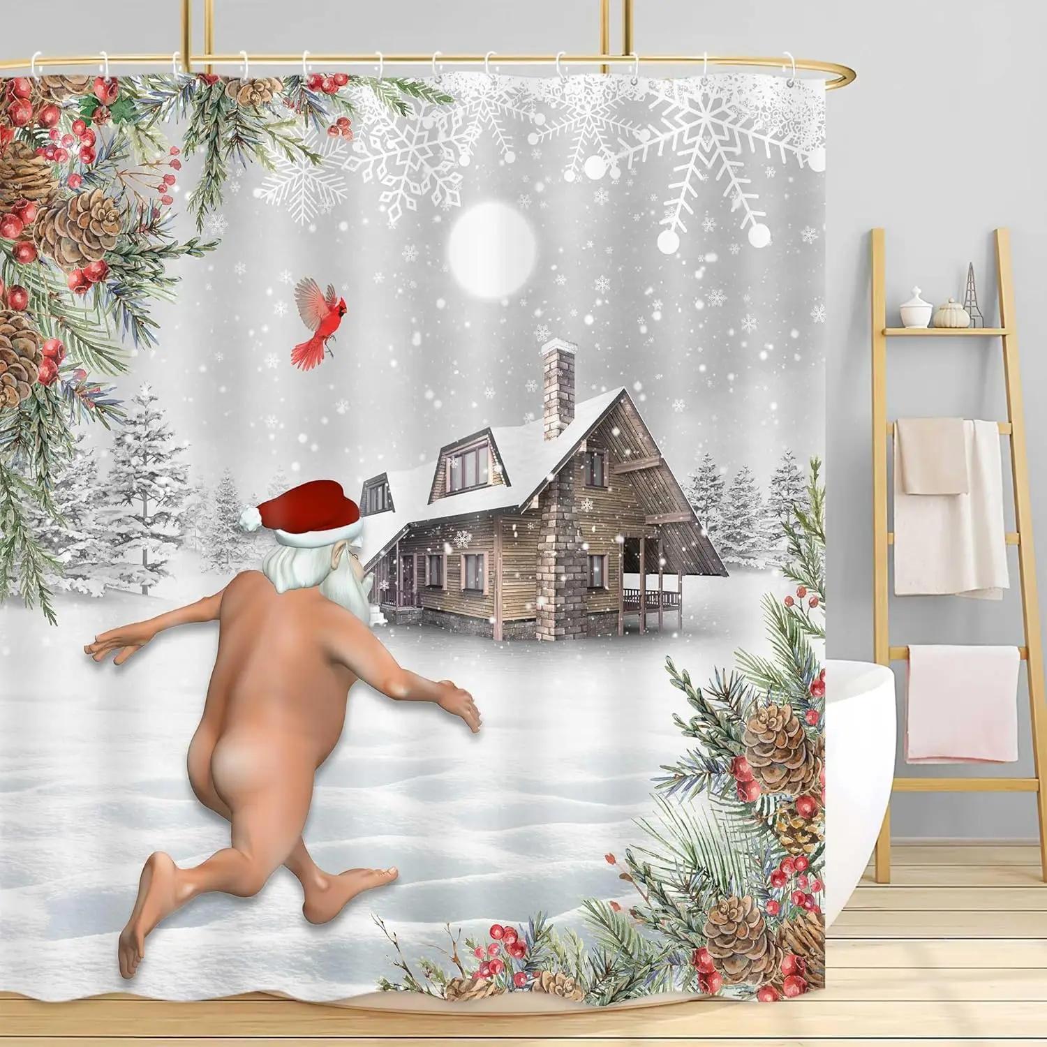 

Забавная рождественская занавеска для душа, милая сумасшедшая обнаженная полосатая занавеска для ванны Санта-Клауса, природа, лес, белый снежный пейзаж, фермерский дом