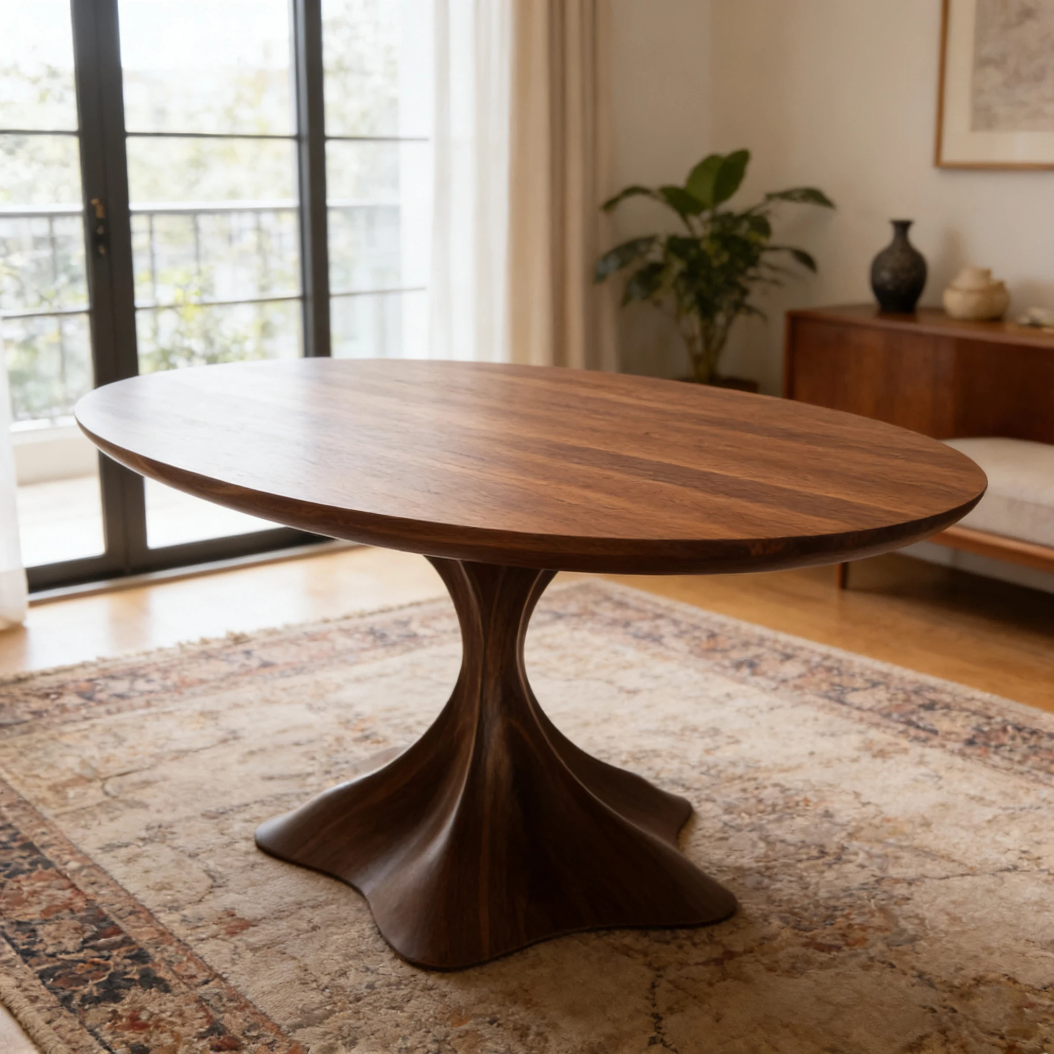 S*-Luxury Fluted Pedestal Round Dining Table Portable Mid-Century Modern Walnut Finish