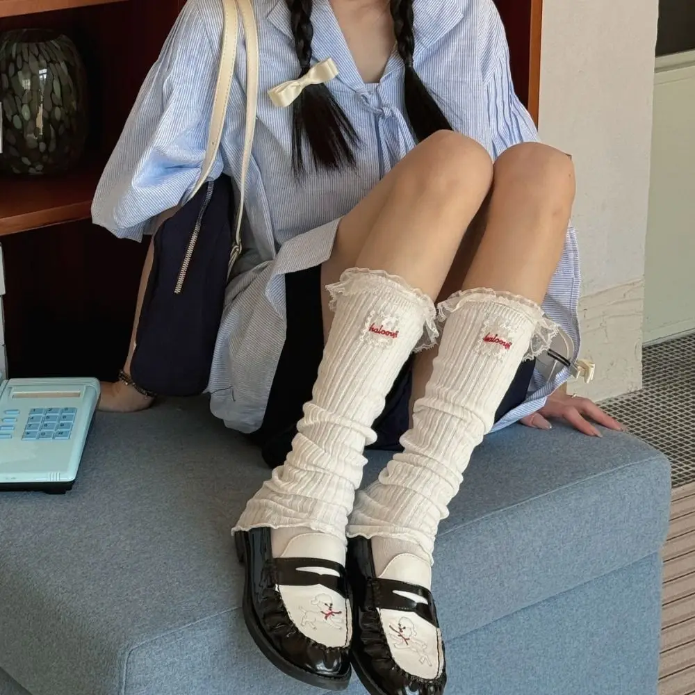 

Fashion Sweet Ballet Calf Long Socks Ruffle Thin Knee High Open Toe Socks Candy Color Lace Label Mid Calf Stocking Women