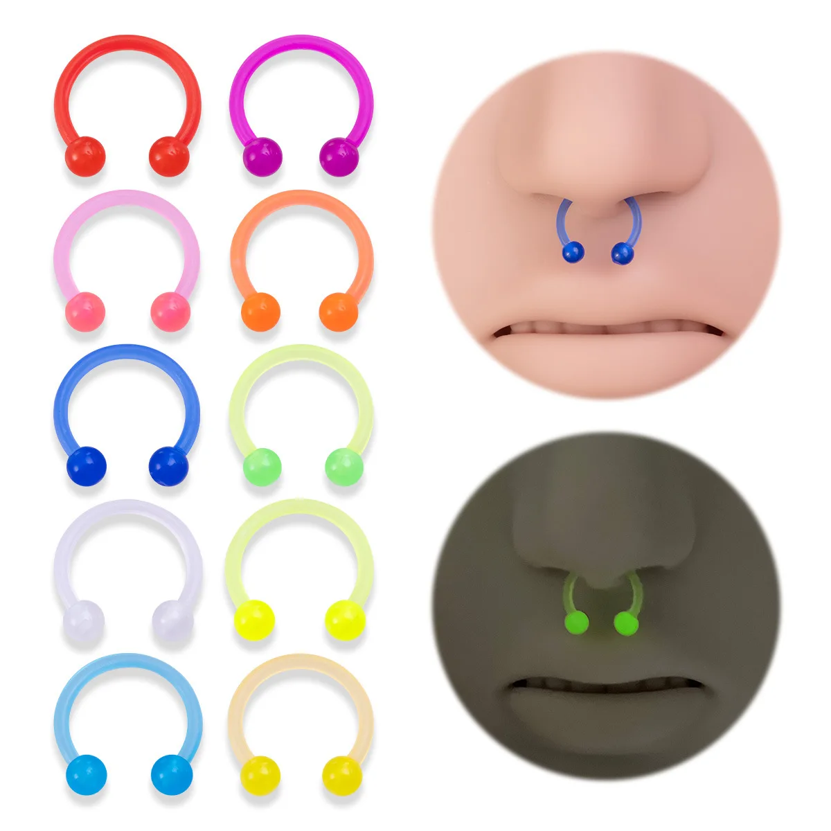 10/100pc Acrylic Nose Ring for Body Piercing, Glowing Soft Rod Horseshoe Spacer Ring, Earring Accessory Nose Stud for Piercing