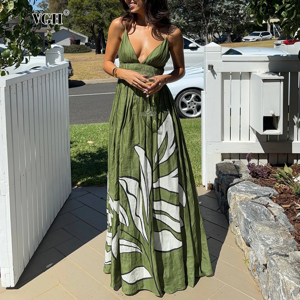 

VGH Шикарное женское макси-платье с тропическим принтом, без рукавов, с глубоким V-образным вырезом, с драпировкой на талии, на тонких бретелях, для пляжного отдыха