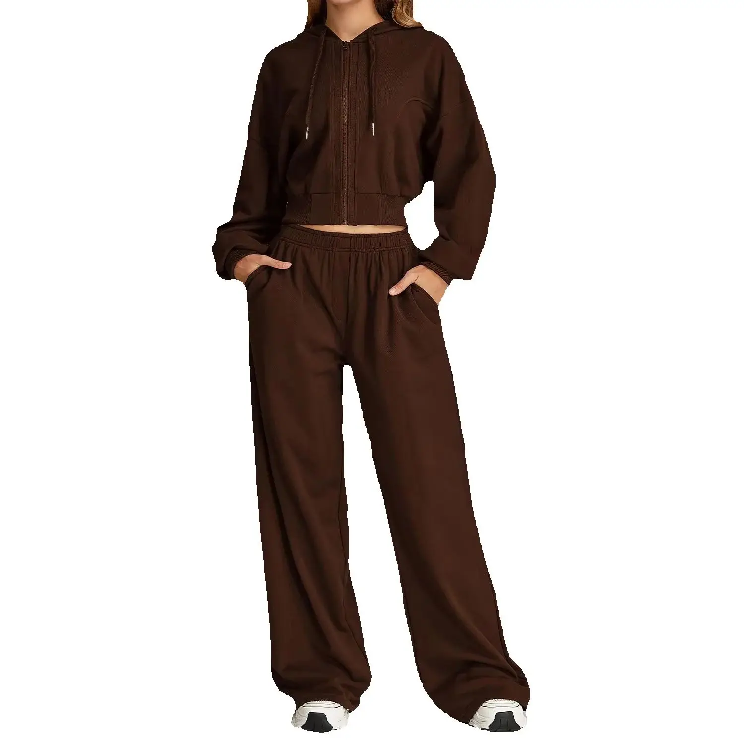

2Pcs Set Women Autumn Winter Zippered Hooded Sweatshirts Loose Fit Drawstring Straight Leg Sweatpants Gym Sportswear Sports Set