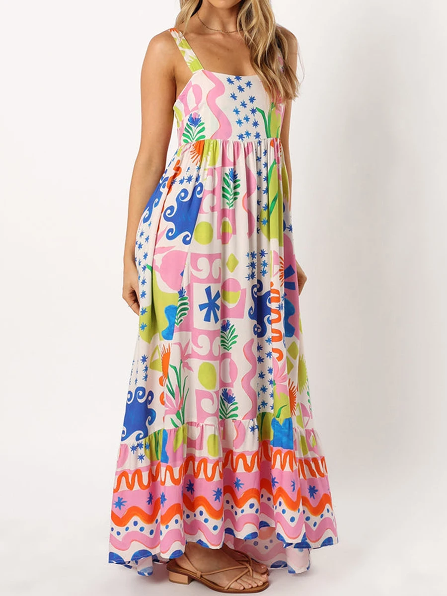 Vestido bohemio sin mangas con tirantes para mujer, vestido largo con estampado de flores para playa, cuello cuadrado, tirantes para el hombro, color rosa, Verano