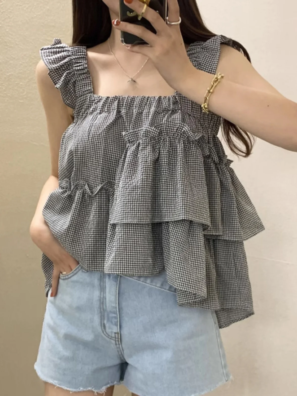 

Милый летний шикарный женский жилет на бретелях Fly Sve Fine id, асимметричный топ для уменьшения возраста, свободный крой обычной длины