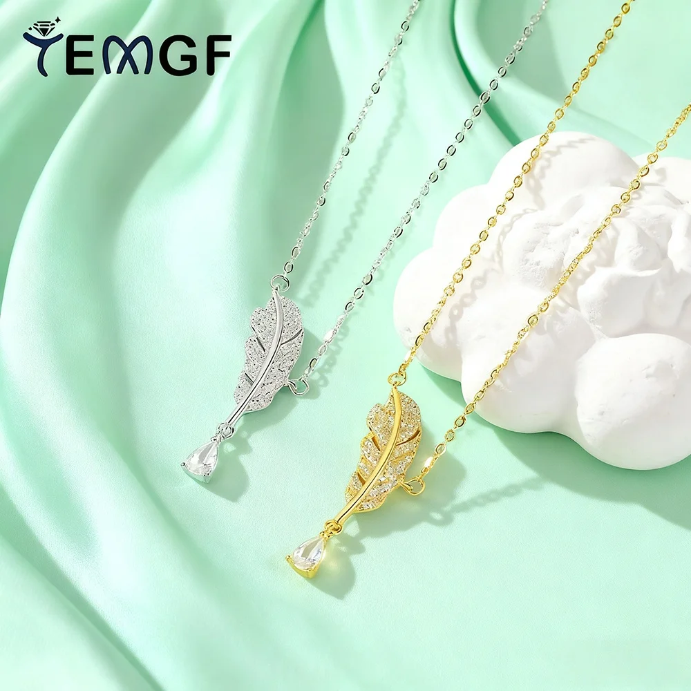 

TEMGF 925 Серебряное ожерелье с подвеской в виде перьев 3*5 мм, циркон/Муассанит, инкрустированный тонкой шеей, блестящие украшения для женщин, позолоченная цепочка 18 карат